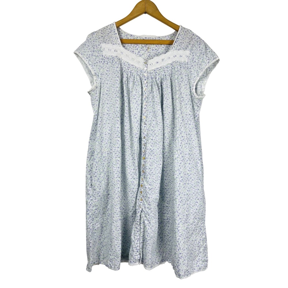 Eileen West Floral Nightgown Purple White Lace Trim Button Front Sleep Dress L